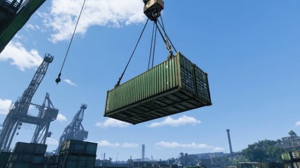 Poster - A construction crane lifting a large cargo container at an industrial port.