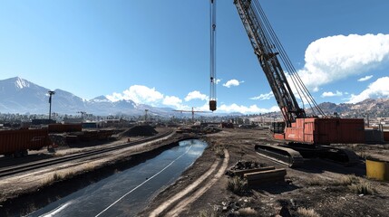 Poster - A crane's arm extending over a construction pit, preparing to lift heavy loads.