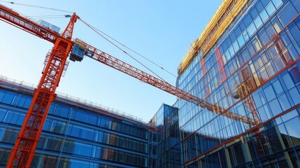 Poster - A crane boom stretching diagonally across the frame with a modern glass building in the background.