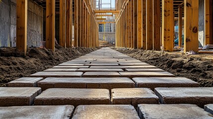 Poster - A long row of bricks freshly laid, forming the base of a new building.
