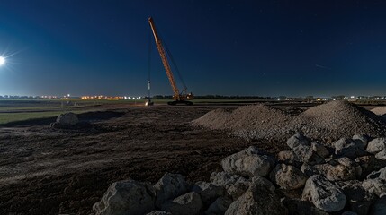 Poster - A long-exposure shot of a crane moving materials at a night-lit construction site.