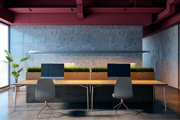 Poster - Modern office interior with wooden desk and computer monitors. 3D Rendering