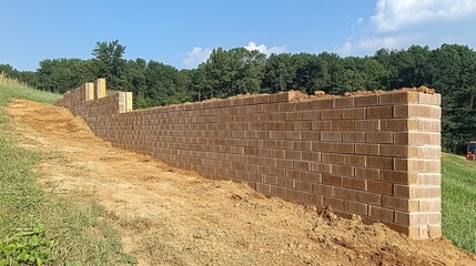 Poster - A partially completed brick wall with clean lines and precise mortar joints.