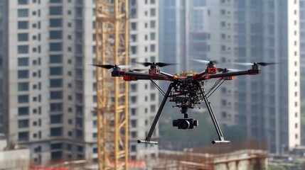Poster - A professional-grade land surveying drone hovering over a construction site.