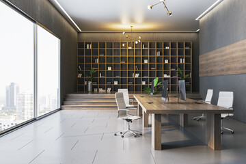 Poster - Modern Office Interior with Large Windows and Bookshelves. 3D Rendering