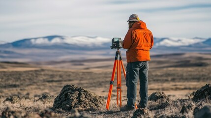 Poster - A satellite-based land surveying system measuring coordinates in a remote desert landscape.