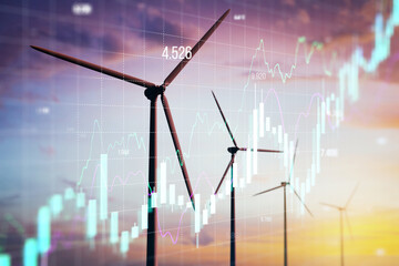 Poster - Wind turbines with financial charts overlay at sunset.