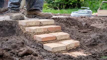 Poster - Bricklaying process in progress, showcasing perfectly aligned bricks with smooth mortar joints.