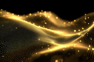 Poster - Abstract Glowing Gold Particles Wave On Black Background