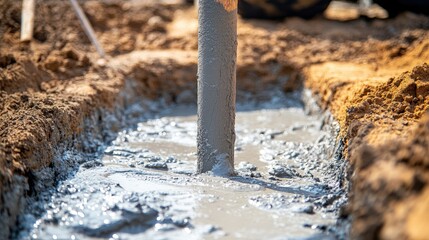 Poster - Close-up of cement being poured into a trench, forming a sturdy underground foundation.
