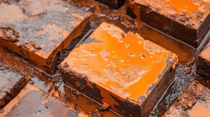 Poster - Close-up of wet cement mortar applied between bricks for a firm and stable structure.