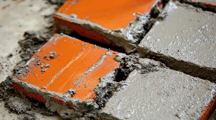 Poster - Close-up of wet cement mortar applied between bricks for a firm and stable structure.