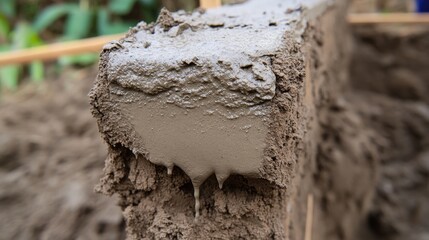 Poster - Close-up of wet cement mortar applied between bricks for a firm and stable structure.