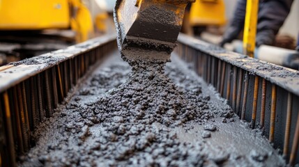 Poster - Gray concrete mixture being evenly spread over a rebar-reinforced surface at a construction site.