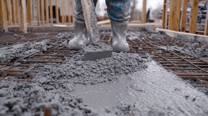 Poster - Gray concrete mixture being evenly spread over a rebar-reinforced surface at a construction site.