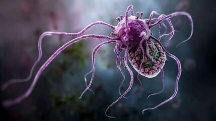 Poster - Intricate educational illustration of giardi microorganism science lab 3d render dark background close-up education