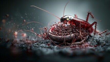 Poster - Invasive parasites the life cycle of parasitic worms and cockroaches dark microenvironment macro photography