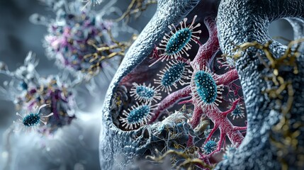 Leinwandbilder - Close-up scientific illustration of lung cells in a digital medical research lab environment