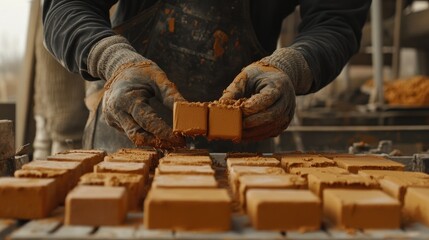 Poster - The process of bricklaying in action, with visible layers of freshly applied mortar.