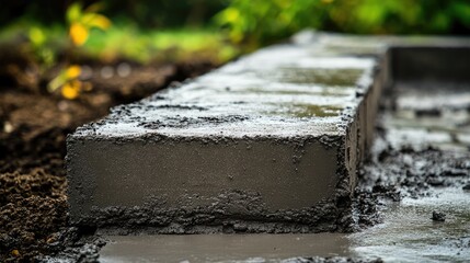 Poster - Wet cement mixture filling a deep rectangular mold, forming a solid concrete structure.