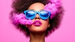 © Oleg - Colorful Expression: Portrait of Woman with Vibrant Sunglasses and Pink Smoke Against Pink Background