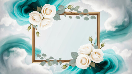 Wall Mural - elegant decorative frame surrounded by clouds and white roses