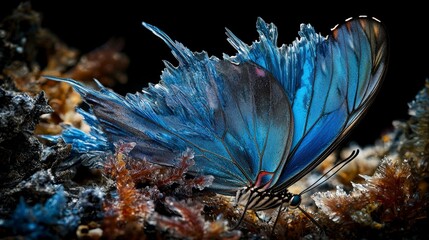 Poster - Macro photography of a blue morpho butterfly in a tropical forest nature close-up vibrant colors
