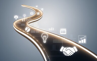 Poster - The Path to Success: A winding road symbolizes the journey to business growth and accomplishment, incorporating digital icons representing ideas, collaboration, and targets. 