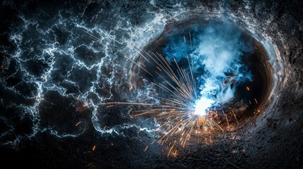 Poster - Tig welder at work creating sparks industrial workshop action shot close-up view capturing intensity
