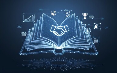 Poster - Digital knowledge: An open book, illuminated with a network of interconnected lines, represents the exchange of ideas, business deals and future potential