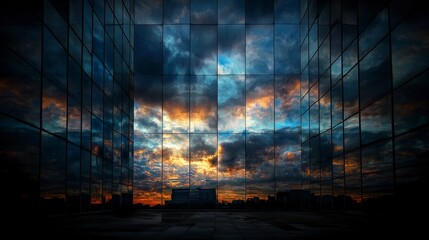Leinwandbilder - Skyscraper curtain wall reflections at sunset urban landscape abstract photography cloudy atmosphere