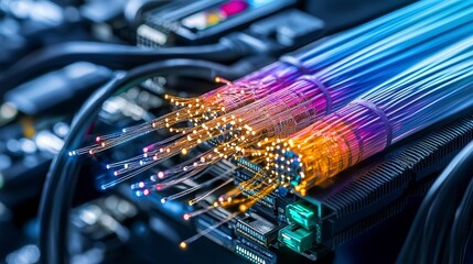 Poster - Illuminated fiber optic strand display technology lab photography high-tech environment close-up viewpoint