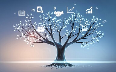 Poster - Knowledge Tree: An illustration of a tree with leaves composed of business-related icons, symbolizing growth, knowledge, and the interconnectedness of business concepts. 