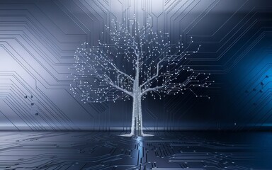 Poster - Digital Growth: A conceptual image of a digital tree with intricate circuits and glowing nodes, symbolizing the growth of technology in the digital landscape.