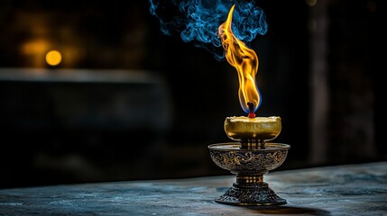 Poster - Glowing brass butter lamp flame meditation tibetan temple photography dim light close-up spiritual reflection
