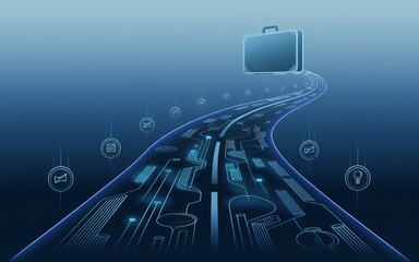 Poster - Business Journey Illustration: A vibrant illustration of a road merging with the circuit board, suggesting the journey of business, leadership and technology.