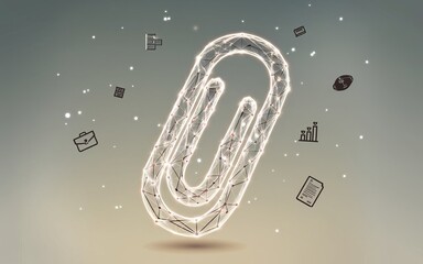 Poster - Digital Paperclip Connection: A glowing, abstract paperclip, symbolizing connection and organization, hovers amid floating digital icons, signifying the integration of technology in the workplace.