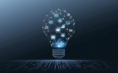 Poster - Illuminating Innovation: A digital concept visualizes a glowing light bulb composed of interconnected icons, symbolizing the power of innovation, technology, and ideas against a dark blue background.
