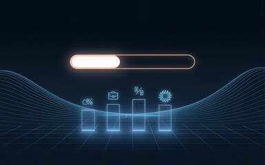 Poster - Progress Indicator: Visualization of business progress, featuring a glowing loading bar above four bar graphs indicating various stages of development, set against a sleek, digital landscape.