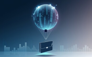 Poster - Global Business Ascent: A symbolic representation of business growth, a digital globe soars skyward, tethered to a briefcase.