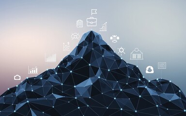 Poster - Reach for the Summit: A low-poly rendering of a majestic mountain, its peak adorned with various business and technological icons, signifying ambition, data and reaching goals