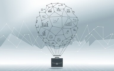Poster - Innovative Business Sphere: A conceptual representation of business data and global connectivity, with interconnected nodes forming a sphere above a briefcase, symbolizing growth and strategy.