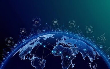 Poster - global communication network: a glowing digital globe with interconnected data streams and icons rep
