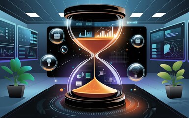 Poster - Time Management: The futuristic view of hourglass symbolizes the critical concept of time management in a data-driven office, surrounded by interactive screens, plants.