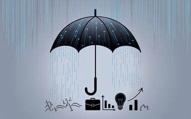 Poster - Shield of Innovation: A conceptual image symbolizing protection and innovation, featuring an umbrella with technology-inspired patterns shielding key elements of business and progress.
