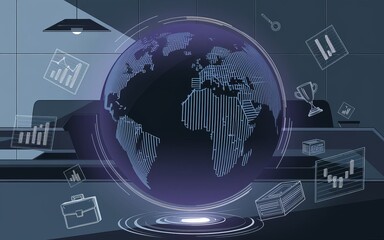 Poster - Global Business Intelligence: A digital globe hologram shines amidst financial charts, symbolizing interconnected global markets and data-driven insights in a modern office environment.