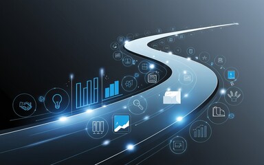 Poster - Road to Success: The winding road of progress leads towards a future of growth, with interconnected icons representing various business, innovation, and technological elements.
