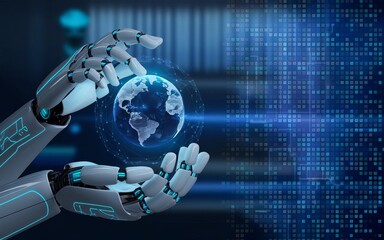 Poster - Global AI: Robotic hands cradle a holographic globe, representing the intersection of artificial intelligence and the digital world. The image depicts technology and innovation.