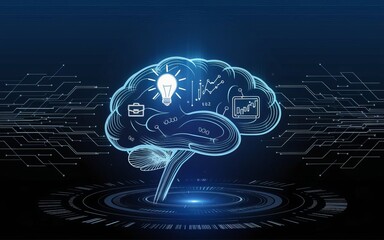 Poster - Illuminating Intellect: A glowing brain icon with intricate internal graphics, symbolizing intelligence and innovative thinking, overlaid on a digital circuit board.