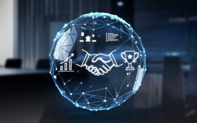 Poster - Digital Partnership Sphere: A striking illustration showcases a digital sphere representing business partnerships, with interconnected lines and icons symbolizing collaboration and growth.
